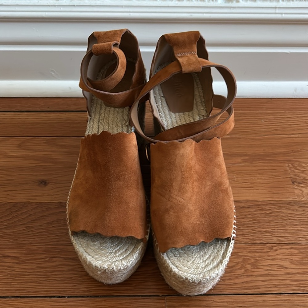 Chloe – authentic -Lauren suede espadrille wedge double ankle wrap, sandal - Picture 3 of 8